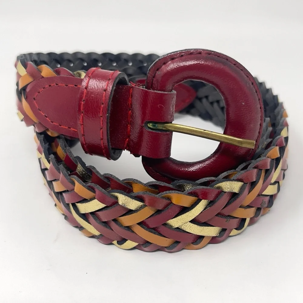Vintage Woven Leather Belt, Multi Color Red leather Buckle,‎ Boho Statement